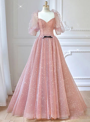 Pink Tulle Sequins Puff Sleeve Backless Prom Dress