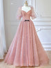 Pink Tulle Sequins Puff Sleeve Backless Prom Dress
