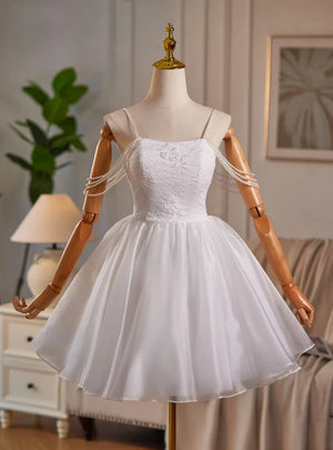 White Tulle Straps Pearls Homecoming Dress
