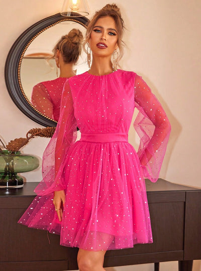 Lantern Sleeve Mesh Short Dress