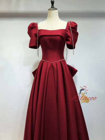 Burgundy Satin Short Sleeve Bow Prom Dress