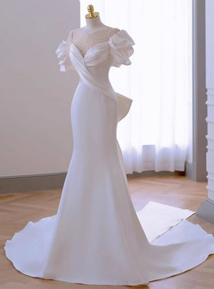 White Mermaid Pleats Bow Wedding Dress
