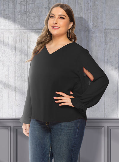 V-neck Puff Sleeves Long-sleeved Chiffon Shirt