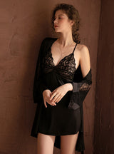 Deep V Stitching Lace Suspender Nightdress Suit