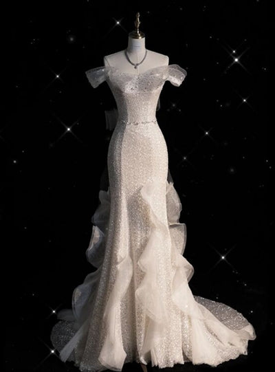 White Mermaid Sequins Beading Wedding Dress