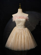 Champagne Tulle Sequins Strapless Homecoming Dress