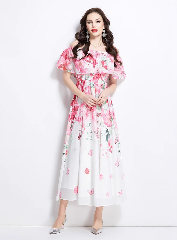 Printed Chiffon Off the Shoulder Split Dress