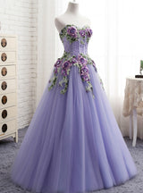 Purple Tulle Embroidery Appliques Sweetheart Neck Prom Dress