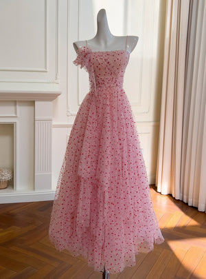 Pink Long Gauze Print Suspender Dress