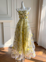 Yellow Tulle Print 3D Flower Prom Dress