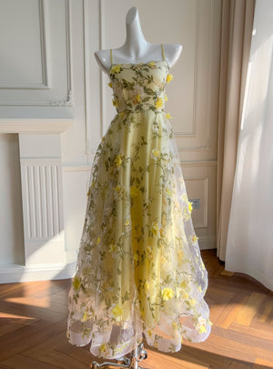 Yellow Tulle Print 3D Flower Prom Dress