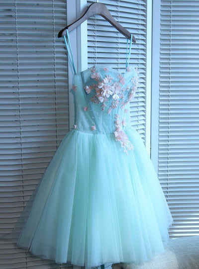Blue Tulle Straps Appliques Homecoming Dress