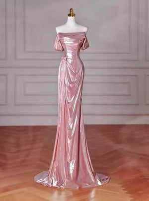 Pink Mermaid Pleats Off the Shoulder Prom Dress