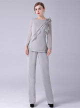 Gray Chiffon Long Sleeve Two Piece Mother Of The Bride Dress