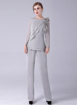 Gray Chiffon Long Sleeve Two Piece Mother Of The Bride Dress