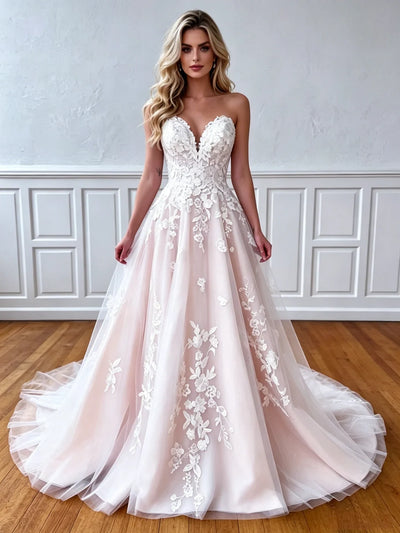 Tulle Appliques Strapless Wedding Dress