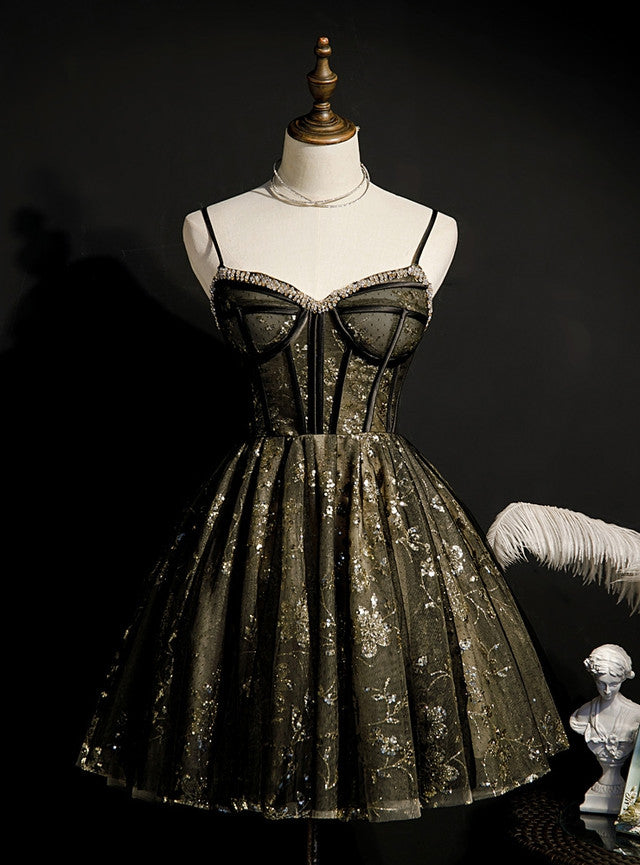 Black Tulle Sequins Beading Homecoming Dress