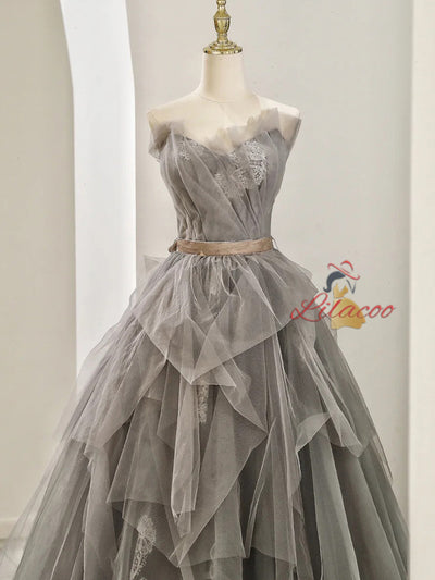 Gray Tulle Lace Pleats Prom Dress