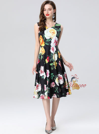 Printed Round Neck Slim Waist Dress