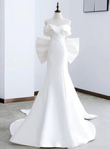 White Mermaid Satin Bow Off the Shoulder Wedding Dress