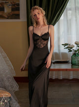 Sexy Stitching Lace Satin Slim Suspender Nightdress