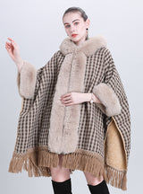 Plucked and Thickened Fur Collar Hooded Shawl
