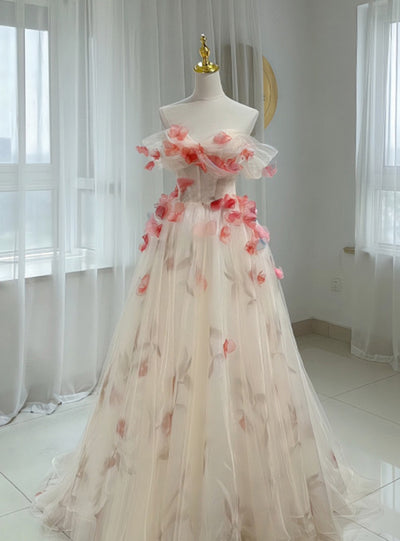 Champagne Tulle 3D Flower Prom Dress