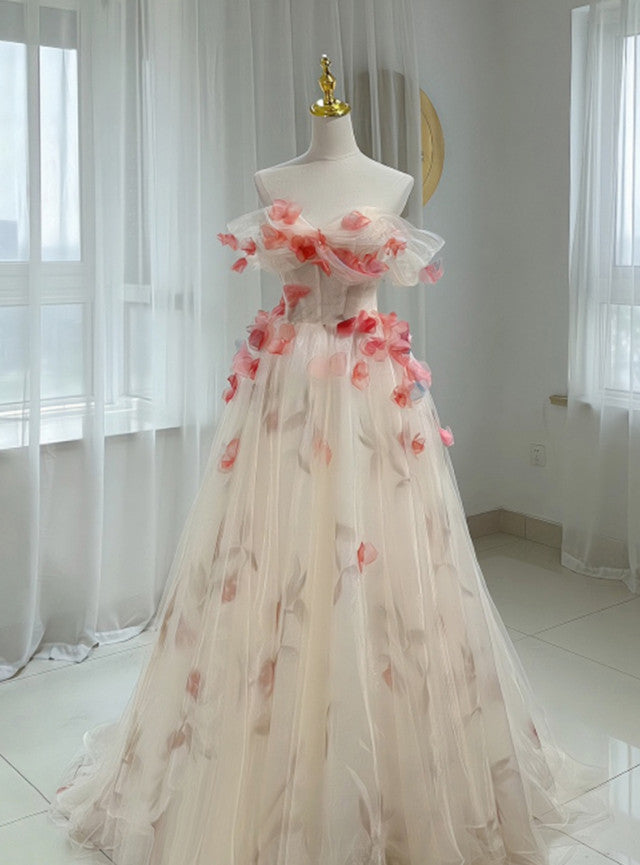 Champagne Tulle 3D Flower Prom Dress