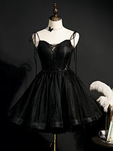 Black Tulle Spaghetti Straps Beading Homecoming Dress