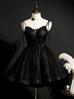 Black Tulle Spaghetti Straps Beading Homecoming Dress