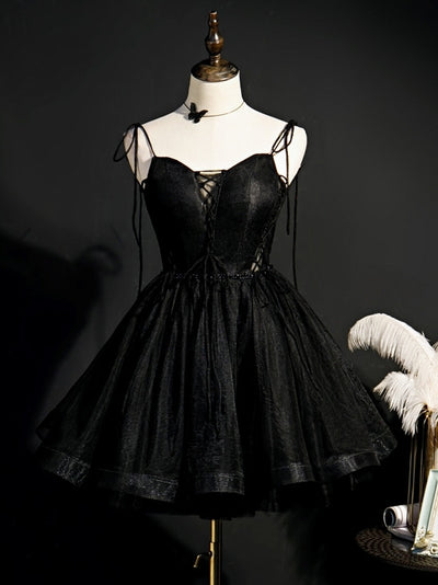 Black Tulle Spaghetti Straps Beading Homecoming Dress