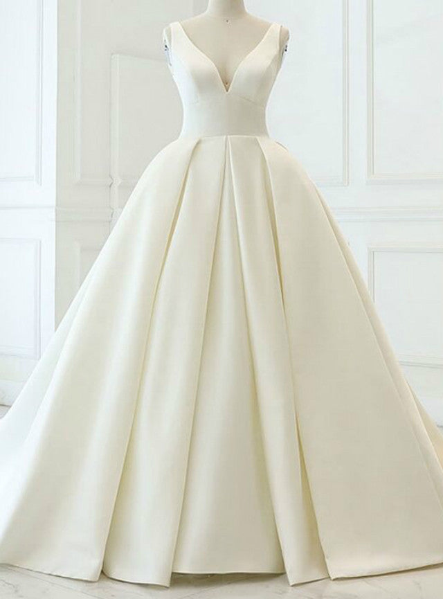 White Ball Gown Satin V-neck Wedding Dress