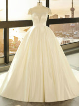 Ball Gown White Satin Cap Sleeve Wedding Dress