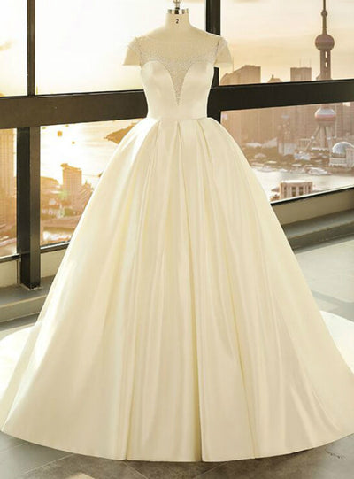 Ball Gown White Satin Cap Sleeve Wedding Dress
