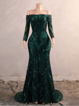 Green Mermaid Sequins Long Sleeve Prom Dress
