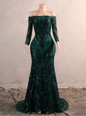 Green Mermaid Sequins Long Sleeve Prom Dress