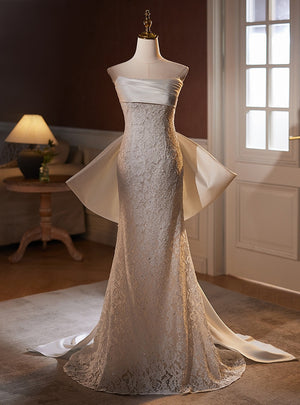 White Mermaid Lace Satin Strapless Bow Wedding Dress