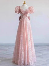 Pink Sequins Velvet Puff Sleeve Prom Dress