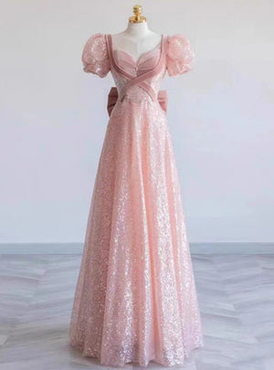 Pink Sequins Velvet Puff Sleeve Prom Dress