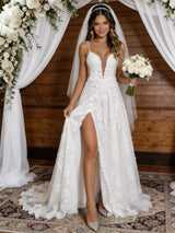 White Lace Spaghetti Straps Wedding Dress