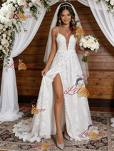 White Lace Spaghetti Straps Wedding Dress
