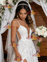 White Lace Spaghetti Straps Wedding Dress