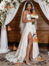 White Lace Spaghetti Straps Wedding Dress