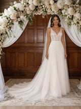 White Tulle Lace V-neck Backless Wedding Dress