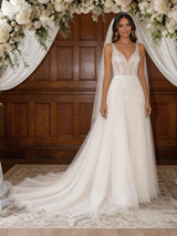White Tulle Lace V-neck Backless Wedding Dress