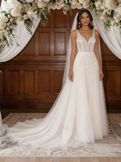 White Tulle Lace V-neck Backless Wedding Dress