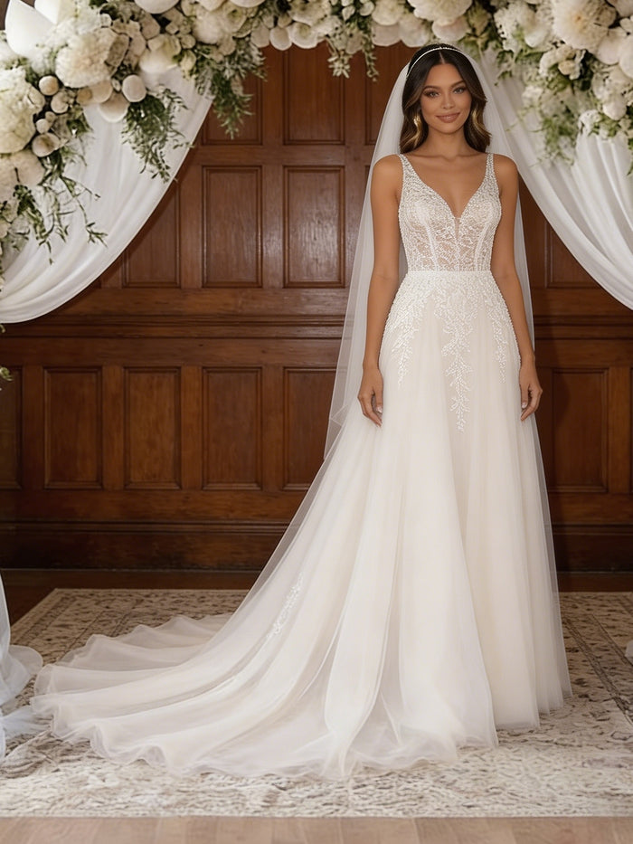White Tulle Lace V-neck Backless Wedding Dress
