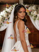 White Tulle Lace V-neck Backless Wedding Dress