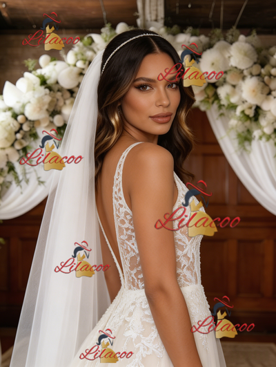 White Tulle Lace V-neck Backless Wedding Dress