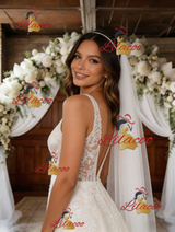 White Tulle Lace V-neck Backless Wedding Dress
